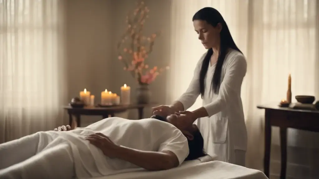 A person enjoys a soothing facial massage from a practitioner in a tranquil room adorned with lit candles and soft lighting, reminiscent of a serene reiki session experience.