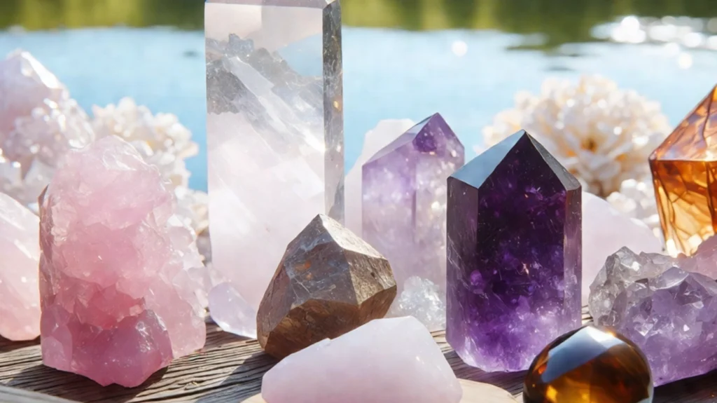 Various crystals, including rose quartz and amethyst, placed on a wooden surface by a lake.