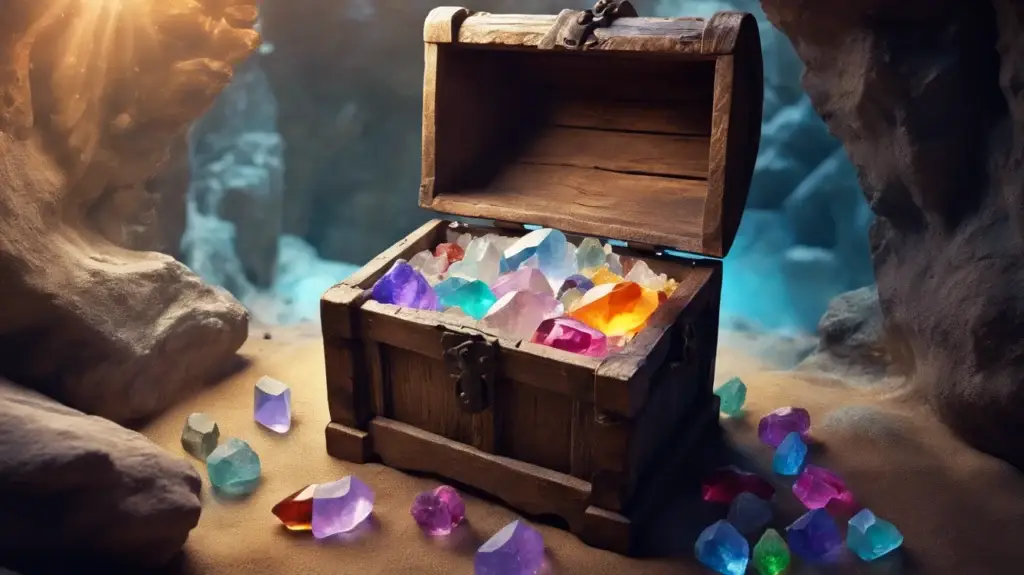The wooden chest brims with colorful, glowing Reiki crystals in a cave setting, their light guiding your healing journey. More of these mystical gems scatter across the sandy ground, waiting to be discovered and adding a touch of magic to the scene.