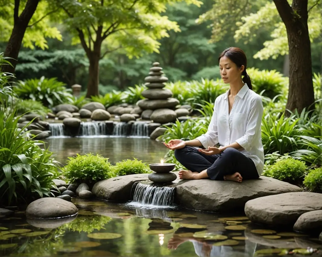 A person meditates by a waterfall in a tranquil garden, surrounded by stacked stones and lush greenery, finding reiki-infused serenity to restore work-life balance.