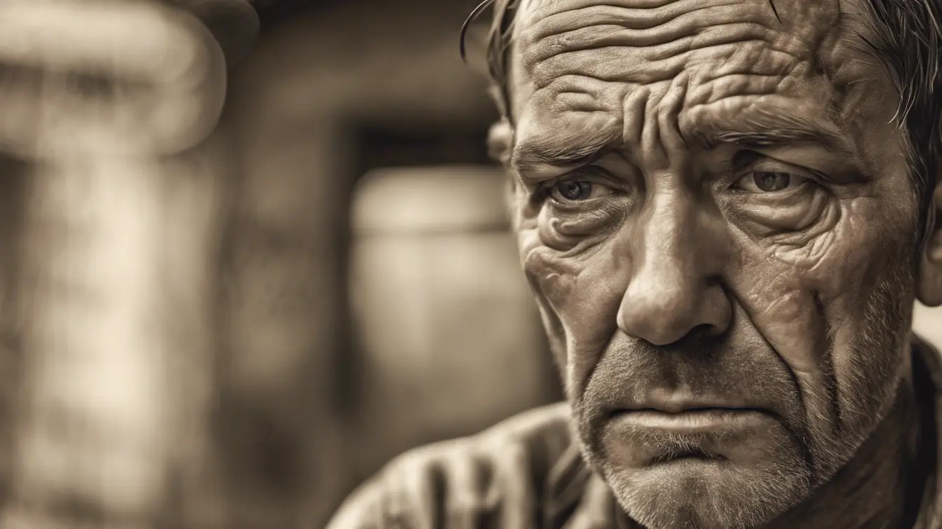 Close-up of an older man with deep wrinkles, looking thoughtful as if pondering the effects of healing energy. The background is blurred, emphasizing his expression. Image is in sepia tones.