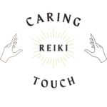 Logo with the text "Caring Reiki Touch" encircling two stylized hands, symbolizing a skilled Reiki practitioner. Yellow energy rays emanate from the word "Reiki" at the center, highlighting its power and vitality.