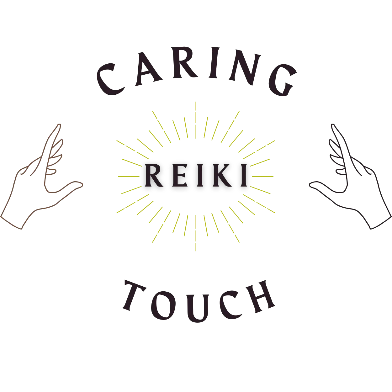 Logo with the text "Caring Reiki Touch" encircling two stylized hands, symbolizing a skilled Reiki practitioner. Yellow energy rays emanate from the word "Reiki" at the center, highlighting its power and vitality.