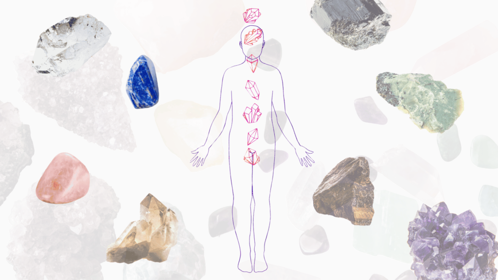 Illustration of a human outline with stones at chakra points, surrounded by various colorful Reiki crystals on a gray background, capturing the essence of a healing journey.