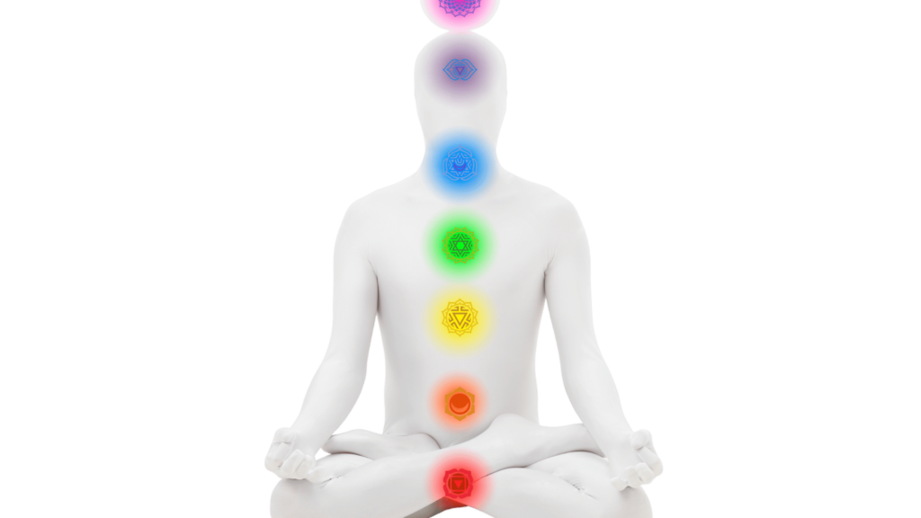Silhouette of a person in a lotus position with seven colorful chakra symbols aligned from head to base, embarking on a healing journey with Reiki crystals gently enhancing the energy flow.