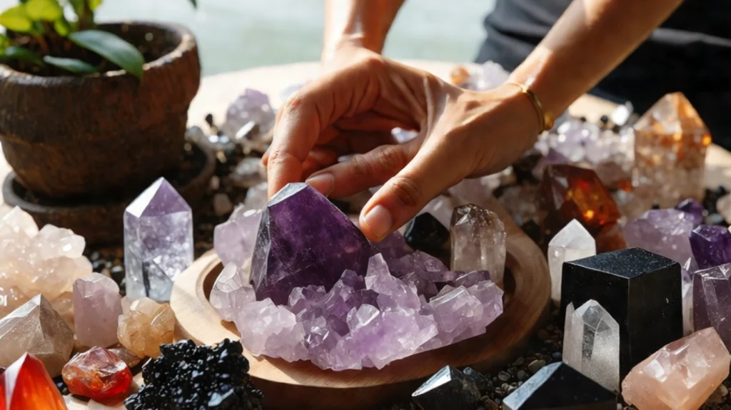 Hands delicately arranging various crystal formations on a table, including amethyst, quartz, and a shimmering selenite. A small potted plant adds a touch of nature to the scene.