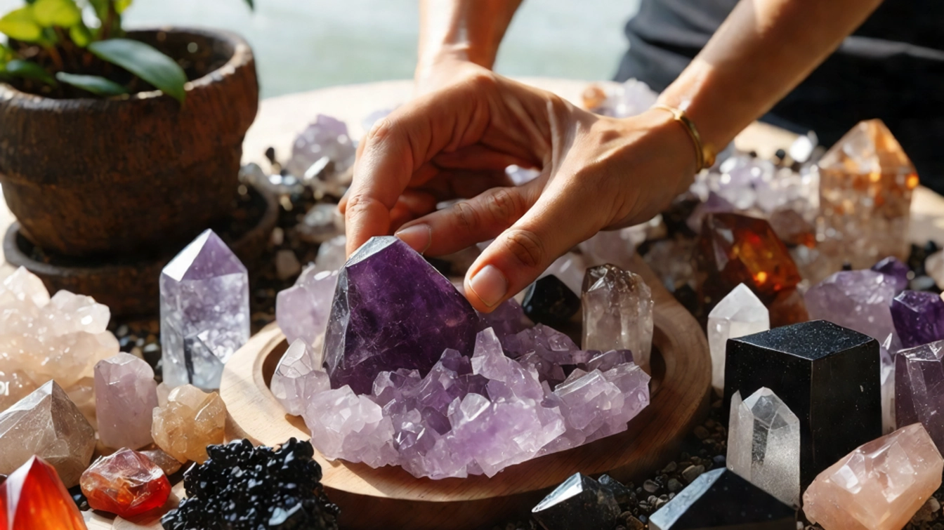 Hands delicately arranging various crystal formations on a table, including amethyst, quartz, and a shimmering selenite. A small potted plant adds a touch of nature to the scene.