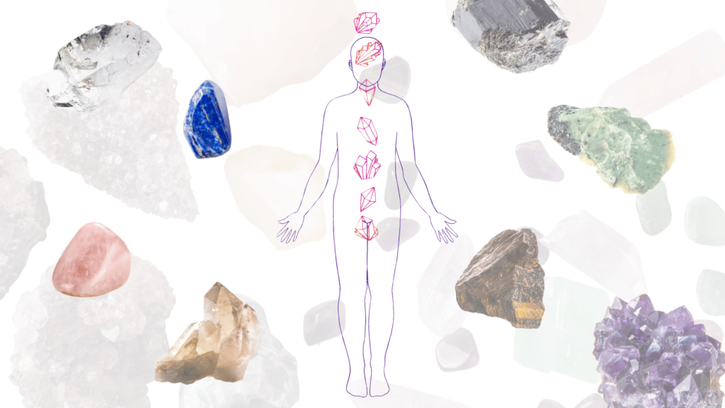 Outline of a human with seven chakras represented by crystals inside. Surrounding background features various scattered crystals and stones.