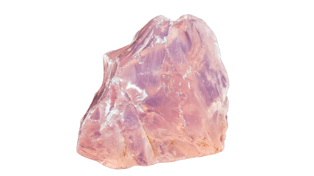 A translucent, unpolished pink gemstone with jagged edges, reminiscent of reiki crystals, set against a plain background.