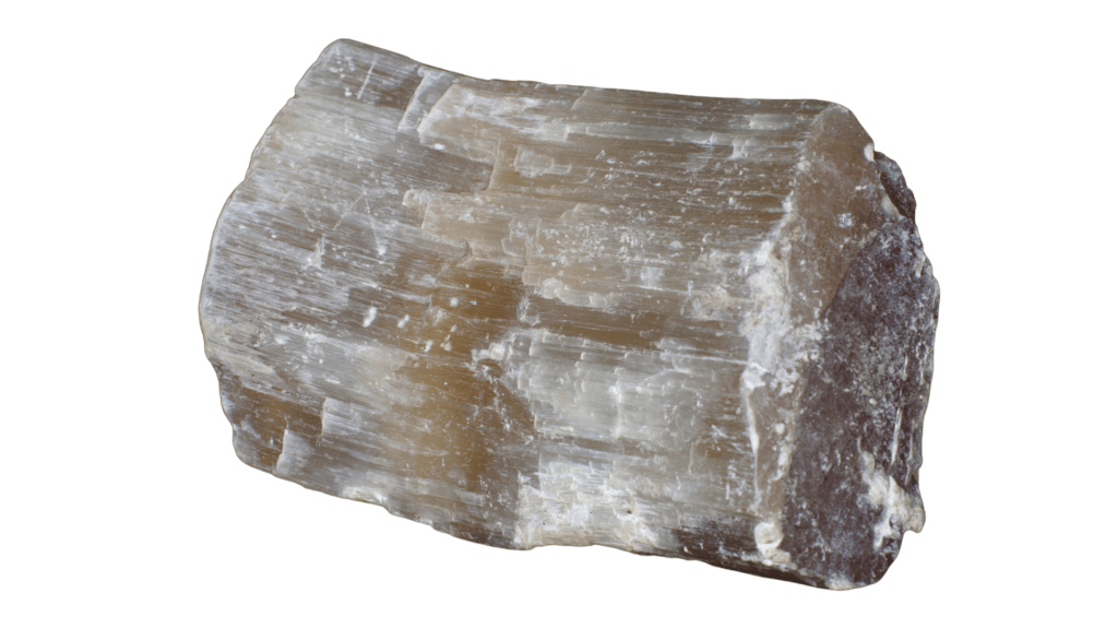 A close-up of a rough, translucent mineral specimen with a fibrous texture and a brownish hue, resembling Reiki crystals, marking Part III of your healing journey.